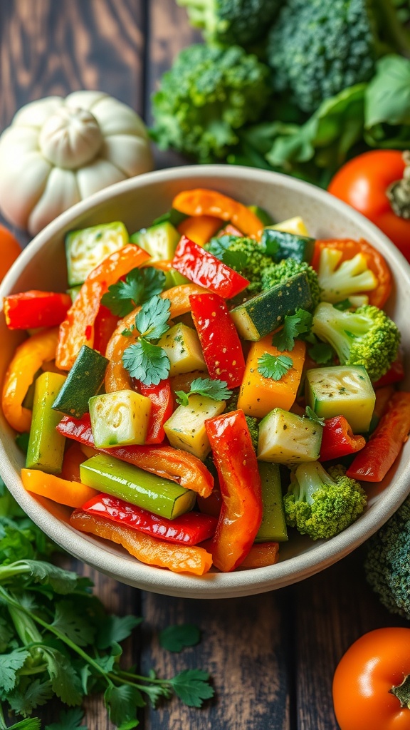 Crispy air fried vegetable medley with bell peppers, zucchini, and broccoli, garnished with herbs on a wooden table.